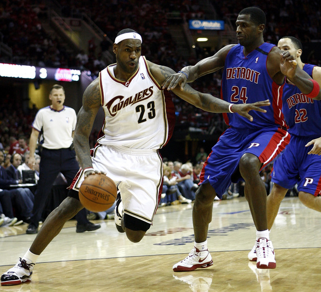 James  of  the  Cavaliers   and   the  Pistons'  Antonio  McDyess  and   Tayshaun  Prince ..................
