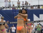 Angie Akers and Tyra Turner embrace after upsetting Jen Kessy and April Ross to advance to the finals. courtesy of avp.com / Frederica Valabrega .........copyrighted material @ All rights reserved .......