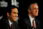 Head coach Erik Spoelstra (L) and President Pat Riley (R) of the Miami Heat talk during a press conference after a welcome party for new teammates LeBron James, Dwyane Wade, and Chris Bosh at American Airlines Arena on July 9, 2010 in Miami, Florida. Photo by Doug Benc /Getty Images .......