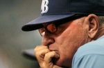 St Petersburg , Fl ,. Manager Joe Maddon (70) of the Tampa Bay Rays watches the action from the dugout against the Seattle Mariners at Tropicana Field on September 26, 2010 in St. Petersburg, Florida. Photo by Eliot J. Schechter/Getty Images