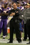 Head coach Brad Childress of the Minnesota Vikings stands on the sideline during the game with the Arizona Cardinals at Hubert H. Humphrey Metrodome on November 7, 2010 in Minneapolis, Minnesota. The Vikings won 27-24 in overtime. Photo by Stephen Dunn/Getty Images
