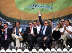(L-R) Florida Marlins team President David Sampson, City of Miami Mayor Manny Diaz, MLB Commisioner Bud Selig, Florida Marlins owner Jeffrey Loria and Miami-Dade County Mayor Carlos Alvarez attend the groundbreaking ceremony for the Florida Marlins baseball team's new stadium on July 18, 2009 in Miami, Florida. The park is scheduled to open in 2012 and the team intends to change its name to the Miami Marlins prior to the completion of the ballpark. Getty Images/ Marc Serota ....